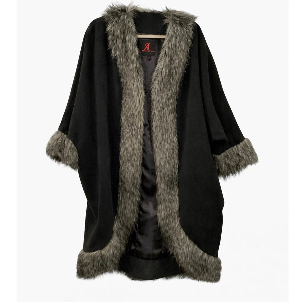 Adrienne Landau Black Faux Fur Cape SIZE M